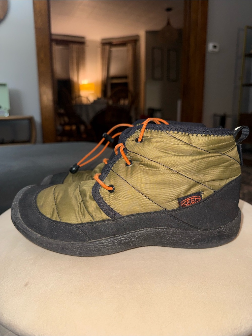 KEEN Olive Green Quilted Ankle Boots with Orange Accents